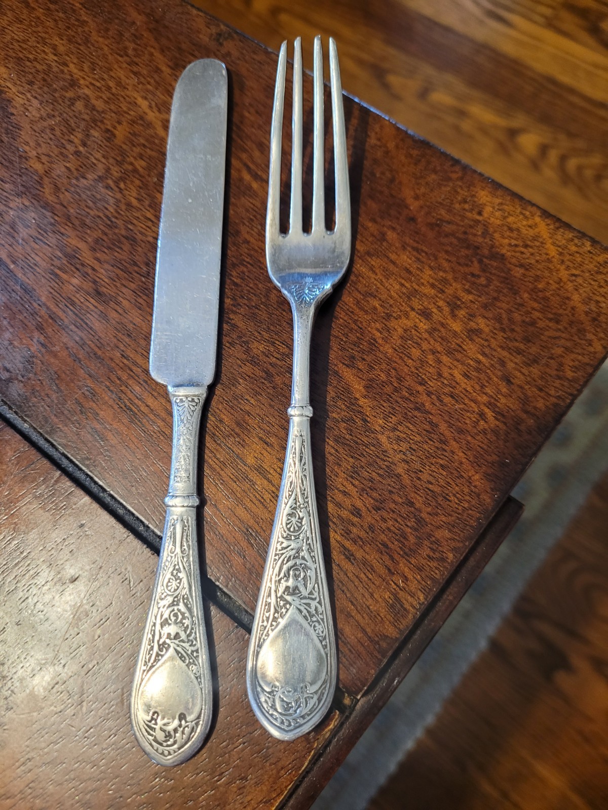 Gorham Raphael sterling silver fork and knife. Pat 74. Both monogrammed ‘Ruth’.