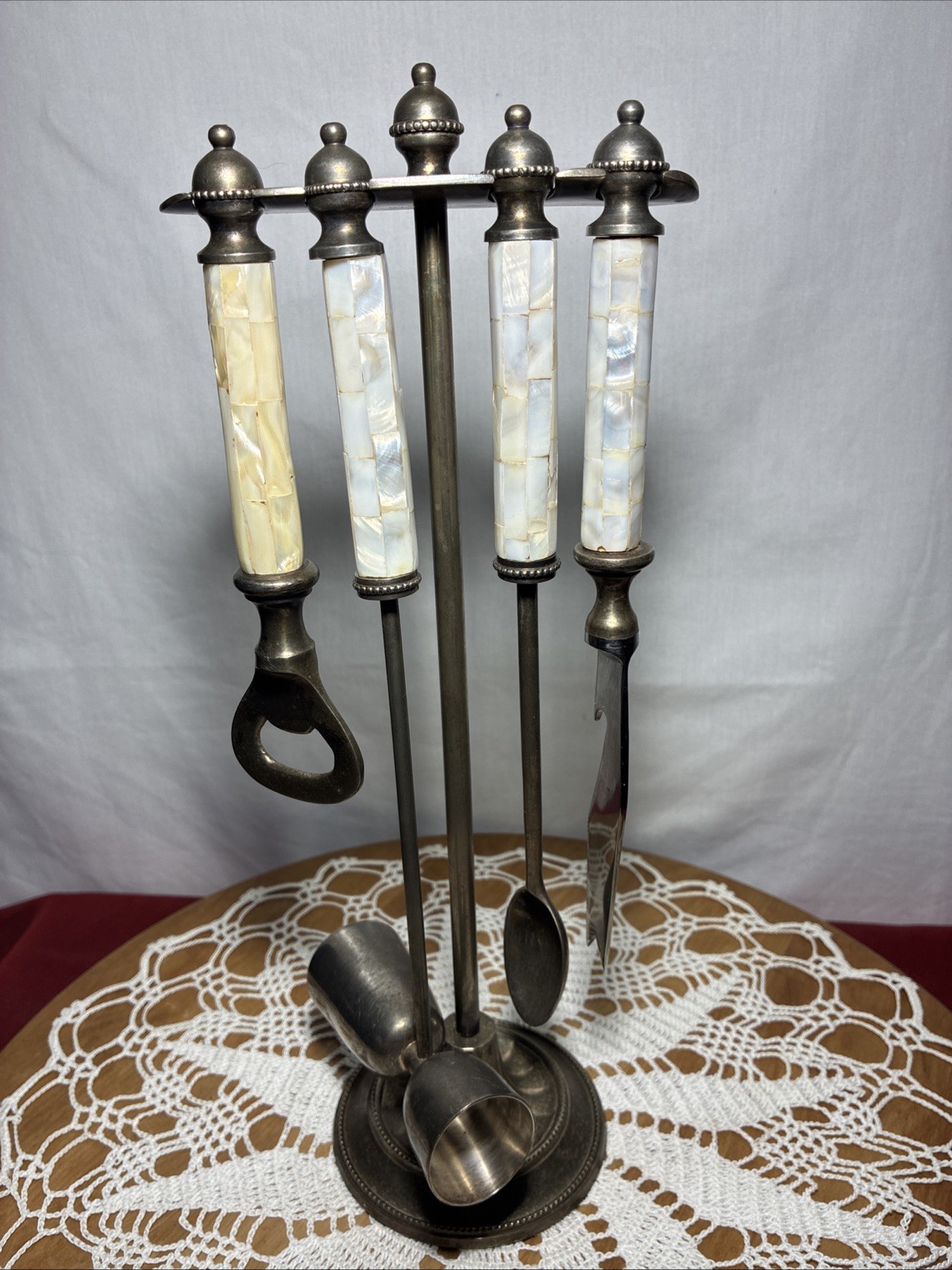 Towle Silversmiths Nickel Silver Serving Set MOTHER OF PEARL HANDLES Bar Set