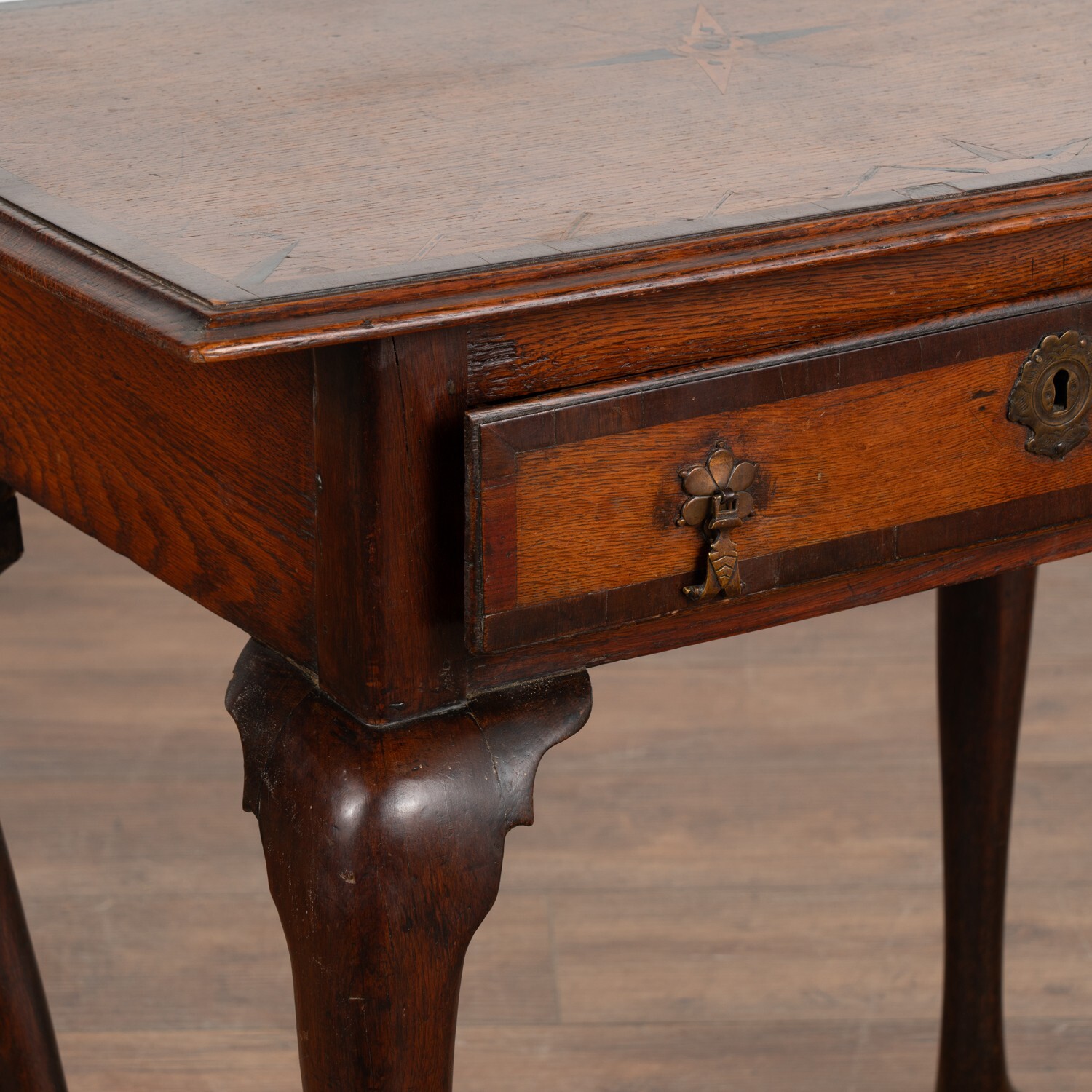 Small Inlaid Oak Side Table With Cabriolet Legs and Single Drawer, Denmark 1750-
