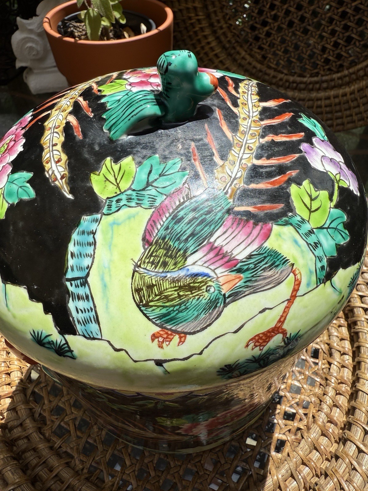 Early 20th Century Chinese Qing Dynasty Black Floral Porcelain Famille Noir Jar
