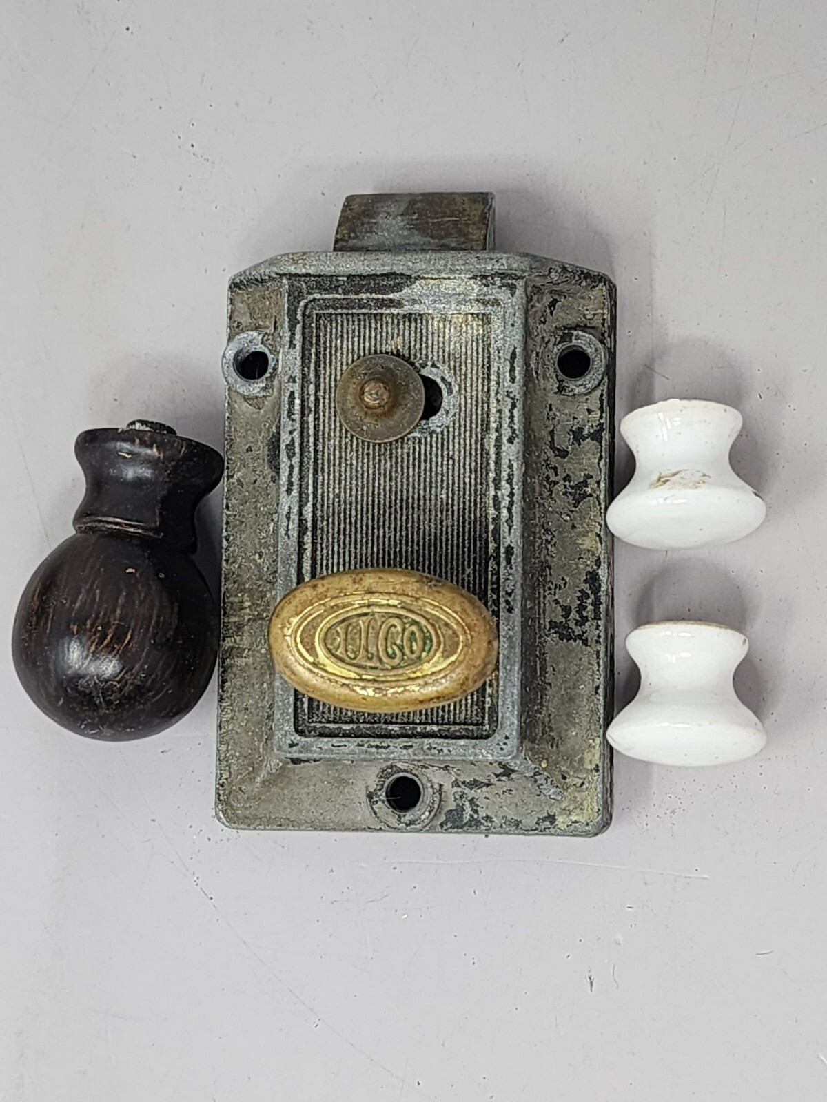 Antique ILCO Door Mortise Lock Set With Brass Knob & Two Ceramic White Handles