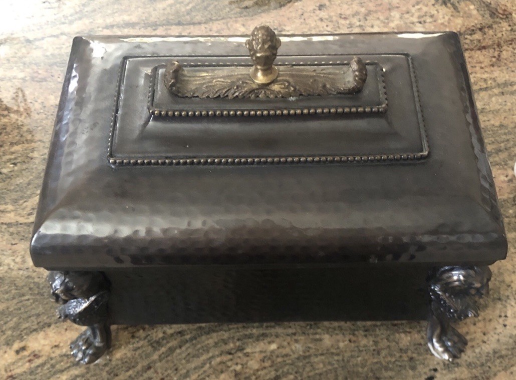ANTIQ RARE ,Hammered Cast Iron Footed Rectangle Box ,With Lion Feet,11 Lx7 W,9 H