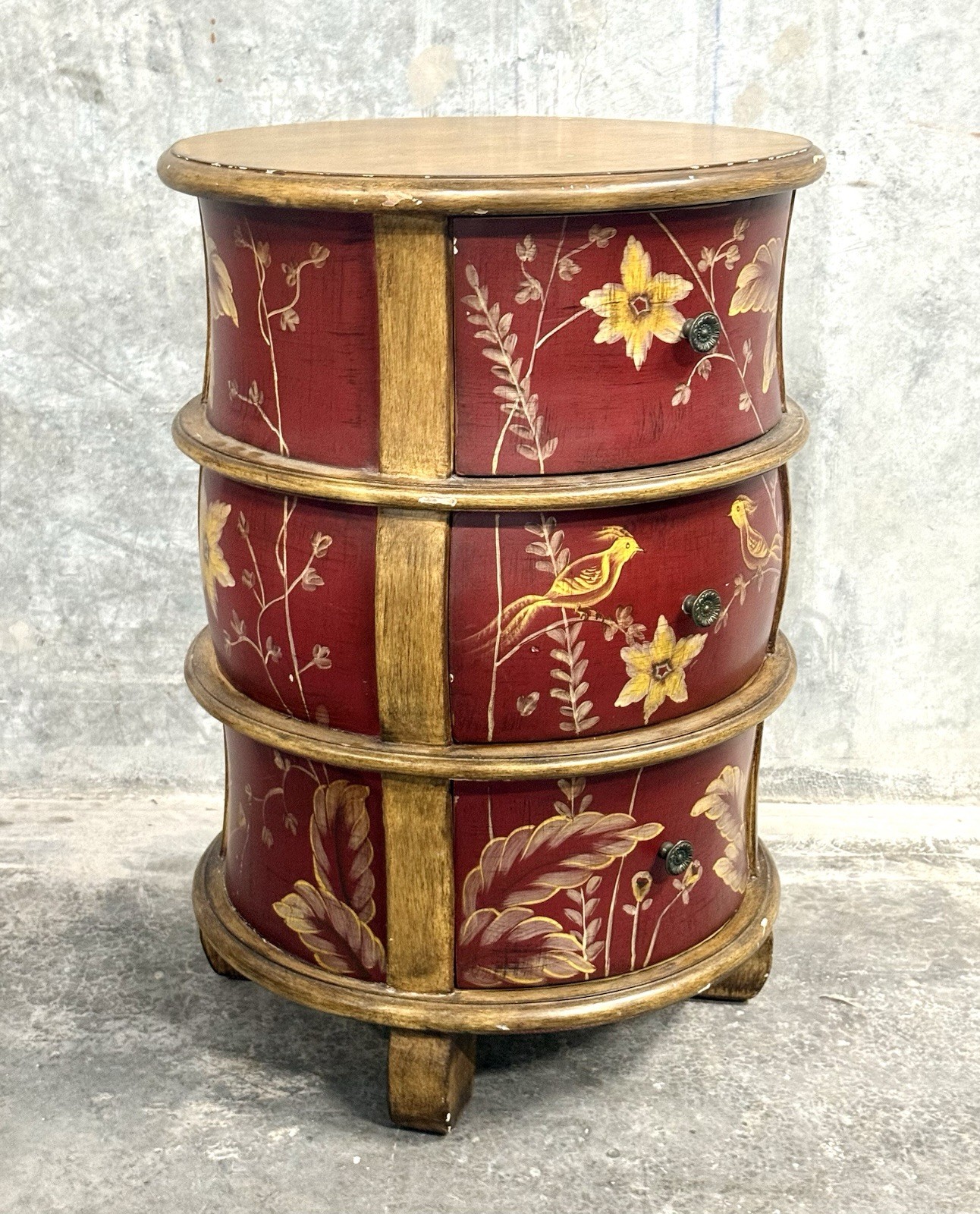 Vintage Hand Painted Round Accent Chest Side Table 3 Drawers Wood Cabinet