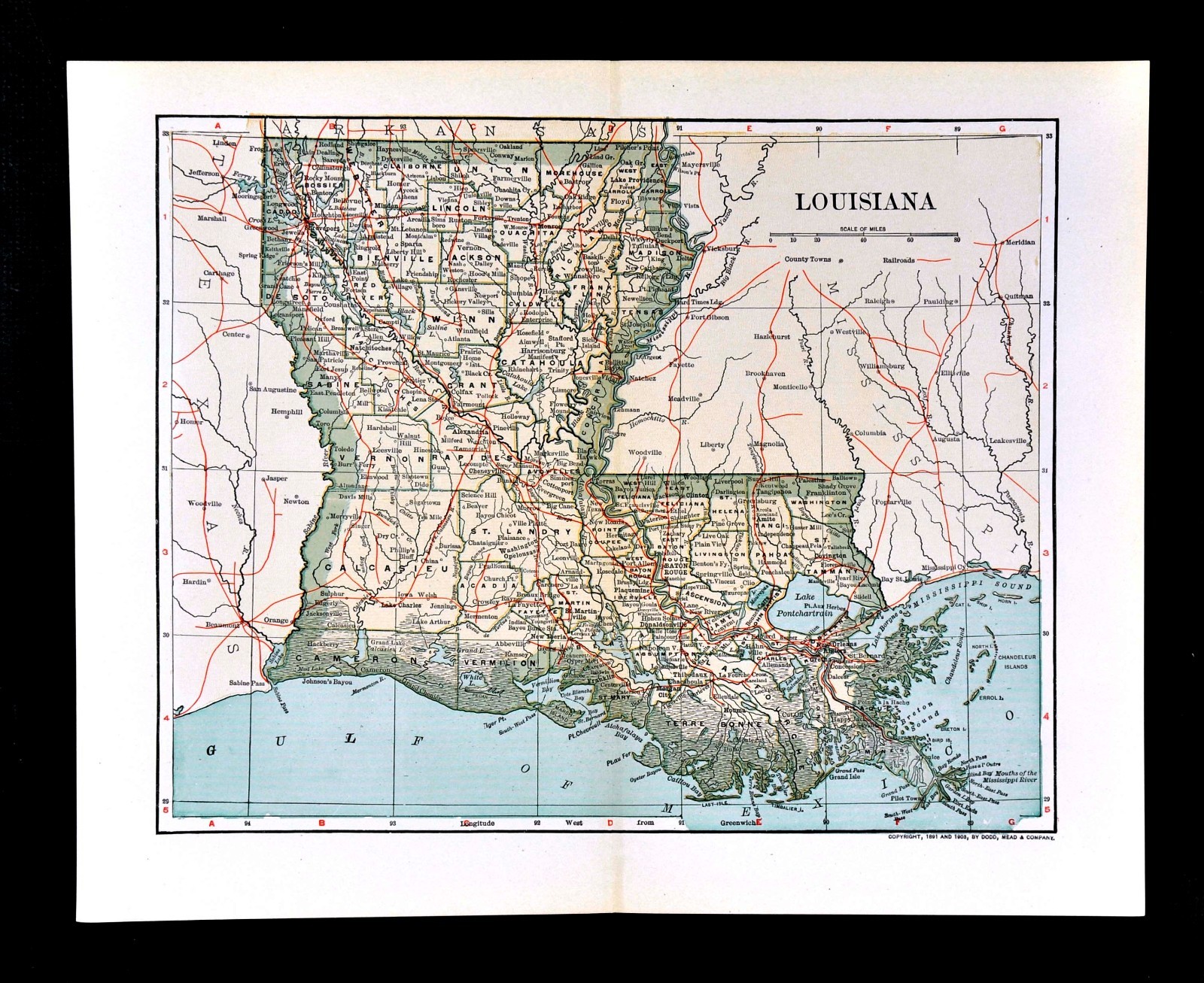 1903 Dodd Mead Map – Louisiana – New Orleans Baton Rouge Shreveport Alexandria