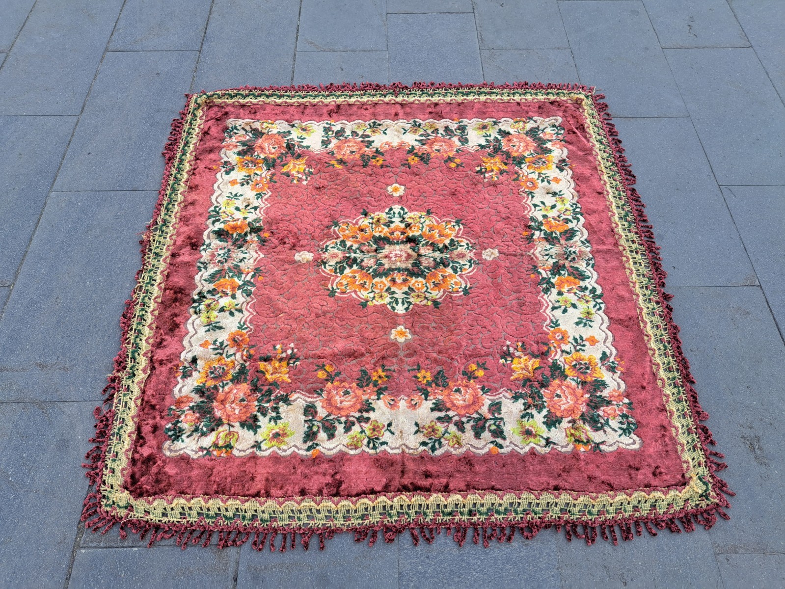 Turkish Velvet Rug, Table Ornament, Vintage Tapestry, Wall Art, 4.3 x 4.3 ft
