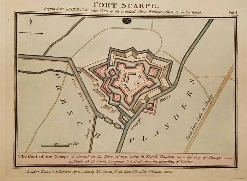 Antique Map FORT de SCARPE Douai Flanders France Luffman Select Plans 1800