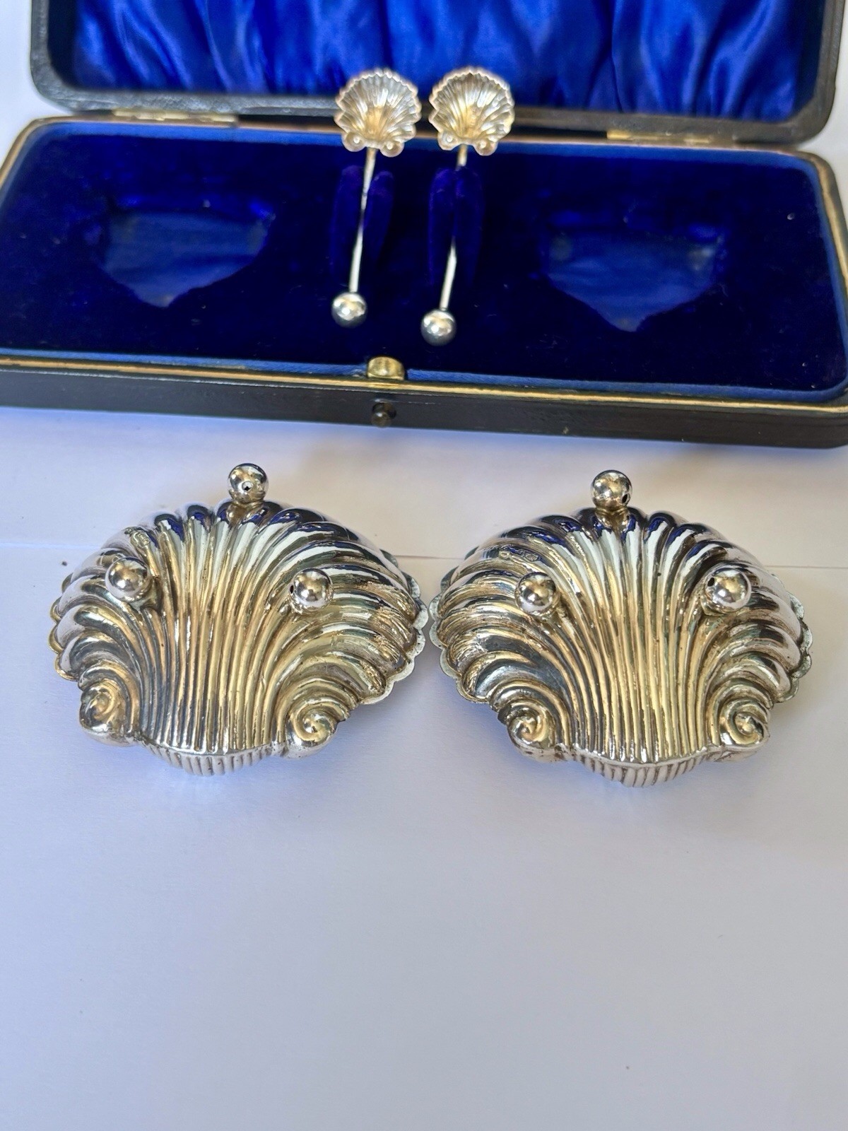 Full Set Edwardian Silver Salts & Spoons Fitted Case 1904 WILLIAM HENRY LEATHER