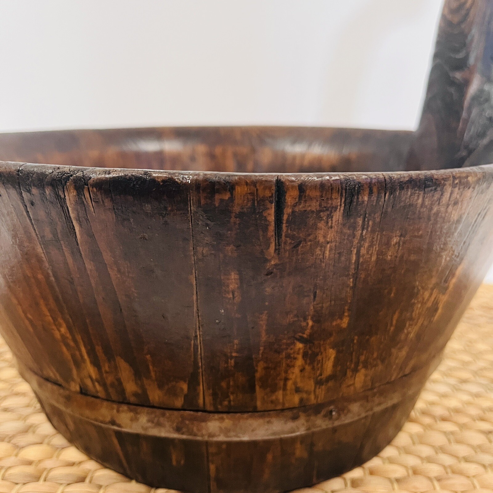 Antique Handmade Primitive Piggin Staved Wood Bucket Blacksmith made Iron Band
