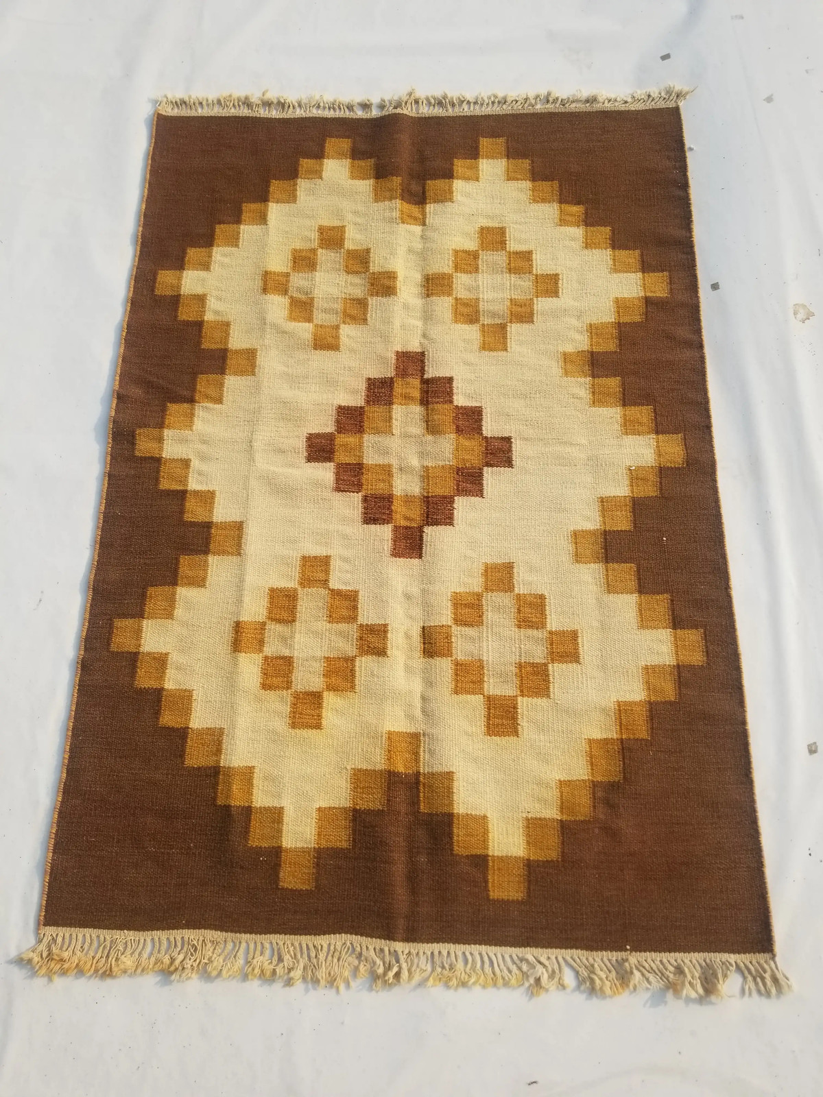 Vintage Handmade Traditional Geometric Brown Kilim Floor Rug Carpet 6.4×4.3ft