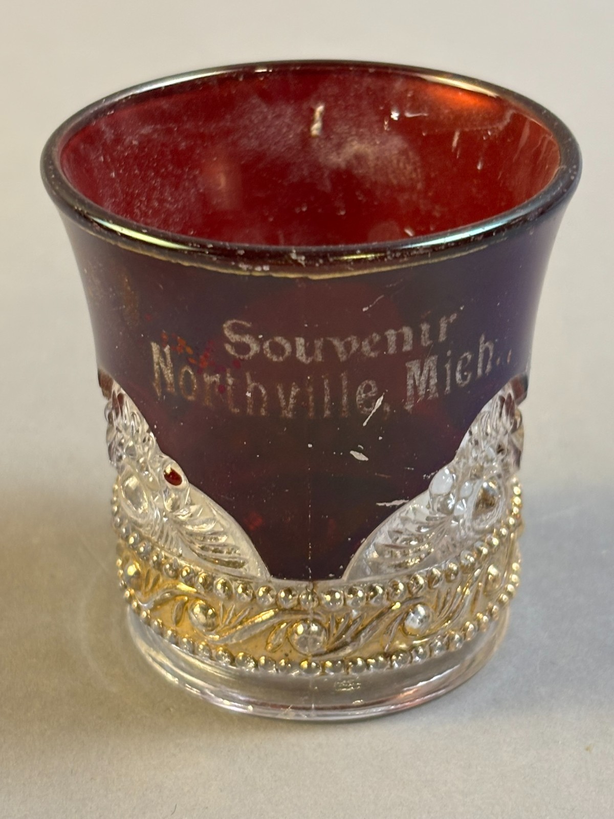 #500 Antique NORTHVILLE Michigan Ruby Red Flash Souvenir Glass CUT GLASS CUP