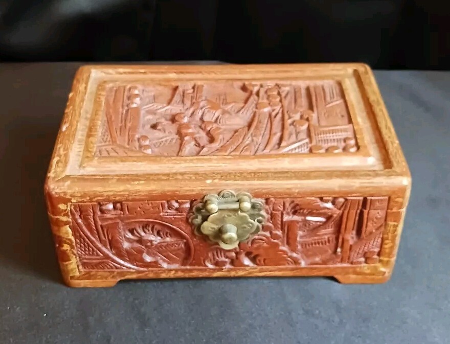 Vintage Asian Hand-Carved Wood Chest Storage Treasure Chest Jewelry Stash Box