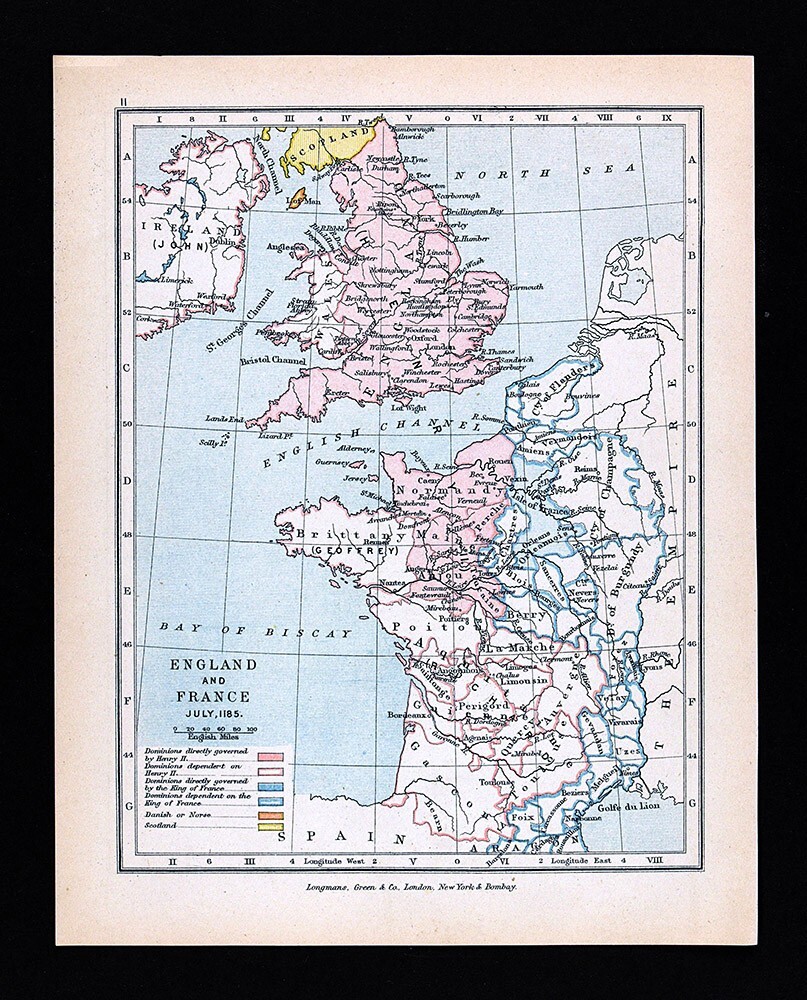 Antique Map England & France 1185 English Possessions London Paris Normandy