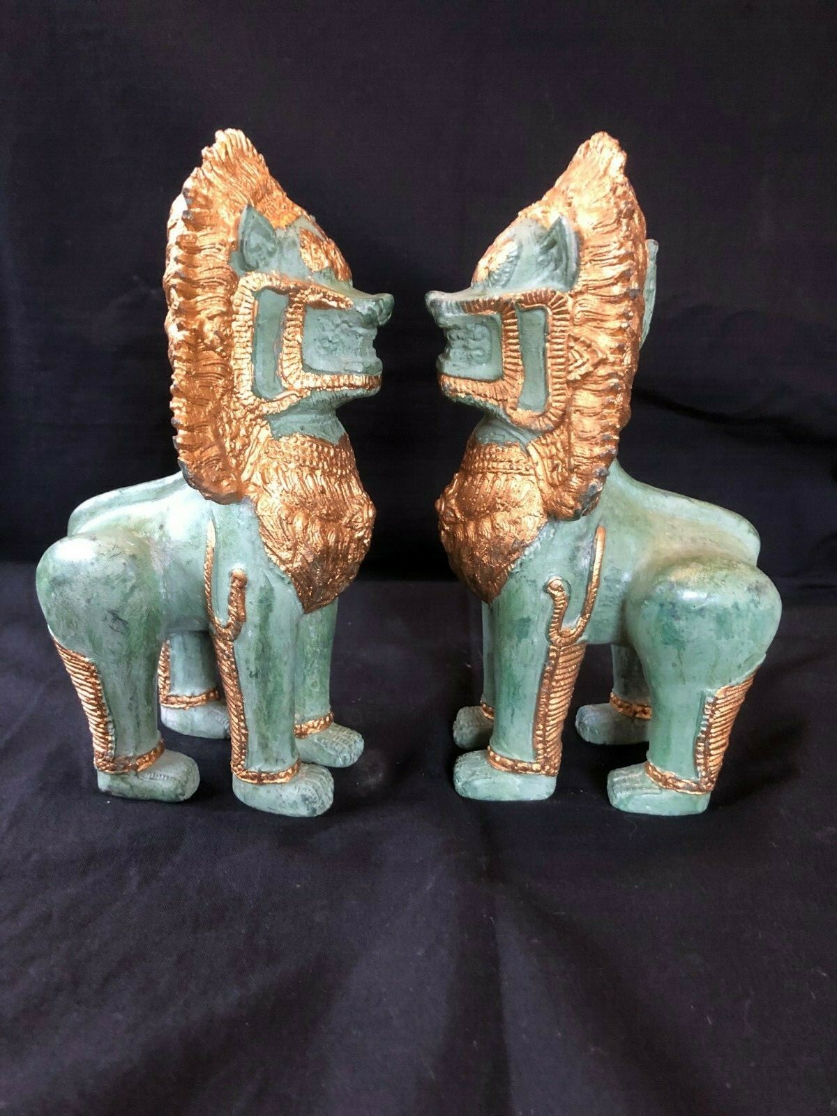 Pair of Thai Singha Guardian Lions in Bronze, partial Gilded. Fine details