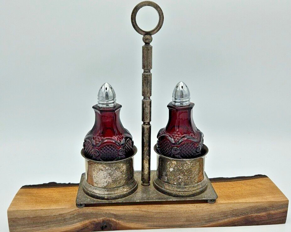 Vintage Avon 1876 Cape Cod Ruby Red Salt & Pepper Shakers in PM Stand from Italy
