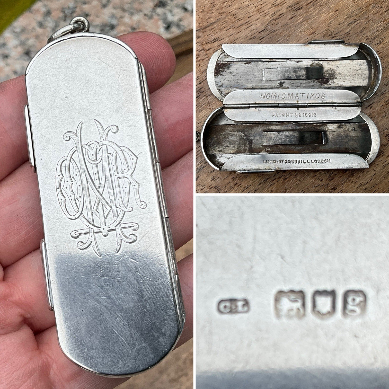 👀RARE C1902 SILVER CHARLES LUND 6 SOVEREIGN CASE Patent Nomismatikos London 42g