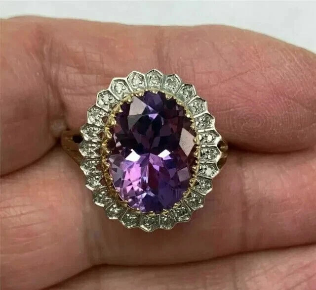 14k Yellow Gold Plated 3Ct Lab Created Amethyst & Diamond Halo Wedding Ring