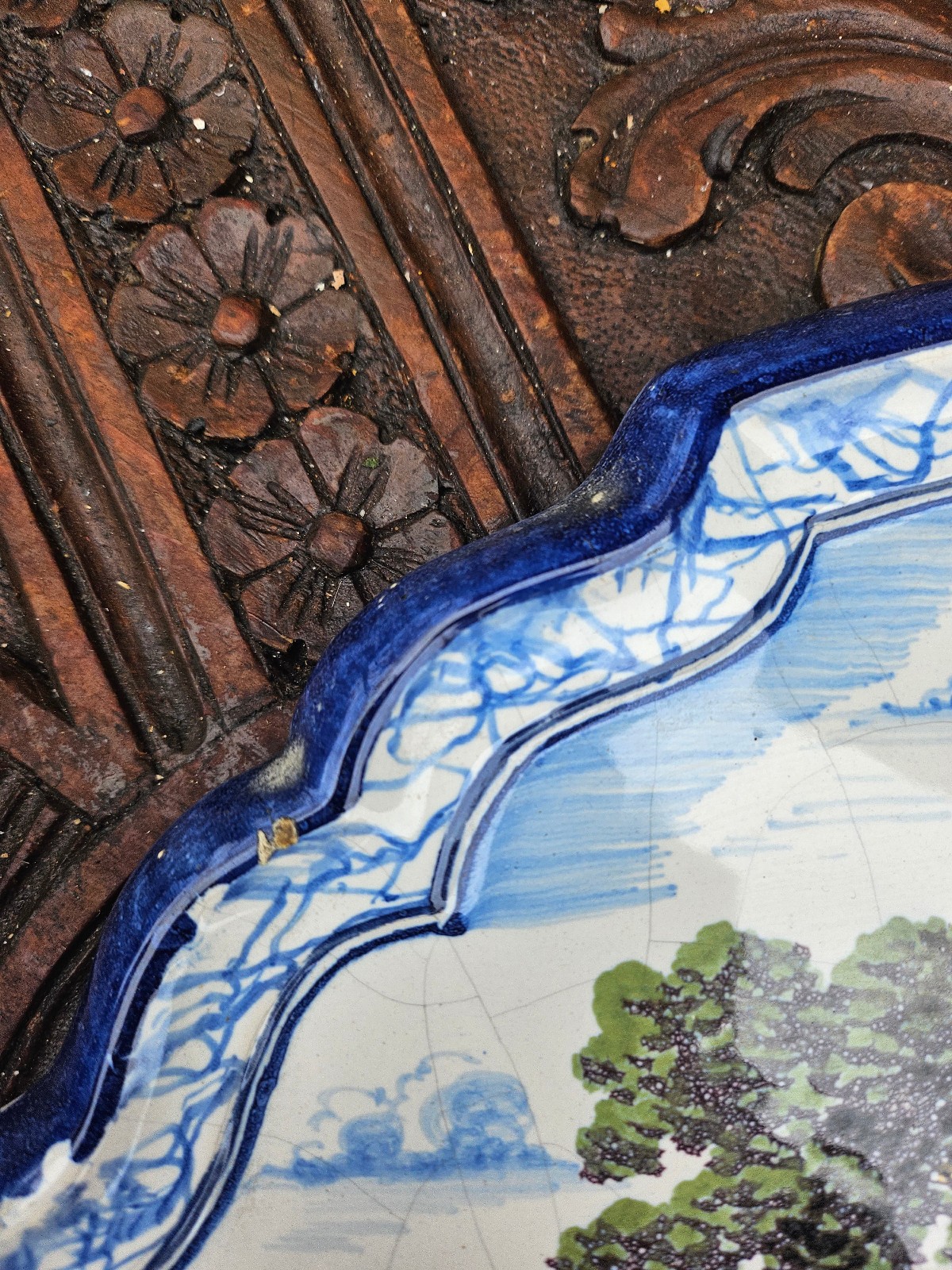 Antique 18thc Polychrome delft glazed earthenware wall plaque romantic decor