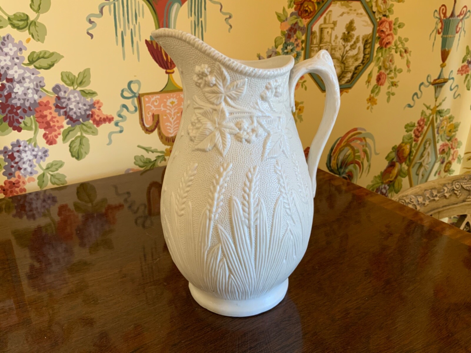 English Victorian Flower Design Pottery Jug Pitcher C1880