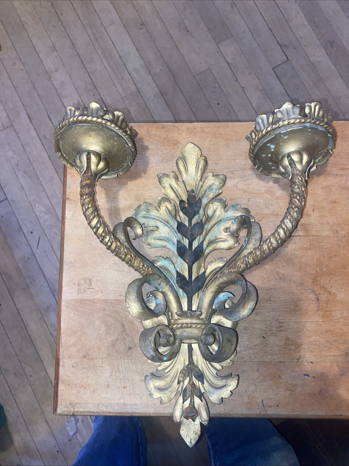 Antique Cast Metal Gold Double Arm Wall Candle Sconce