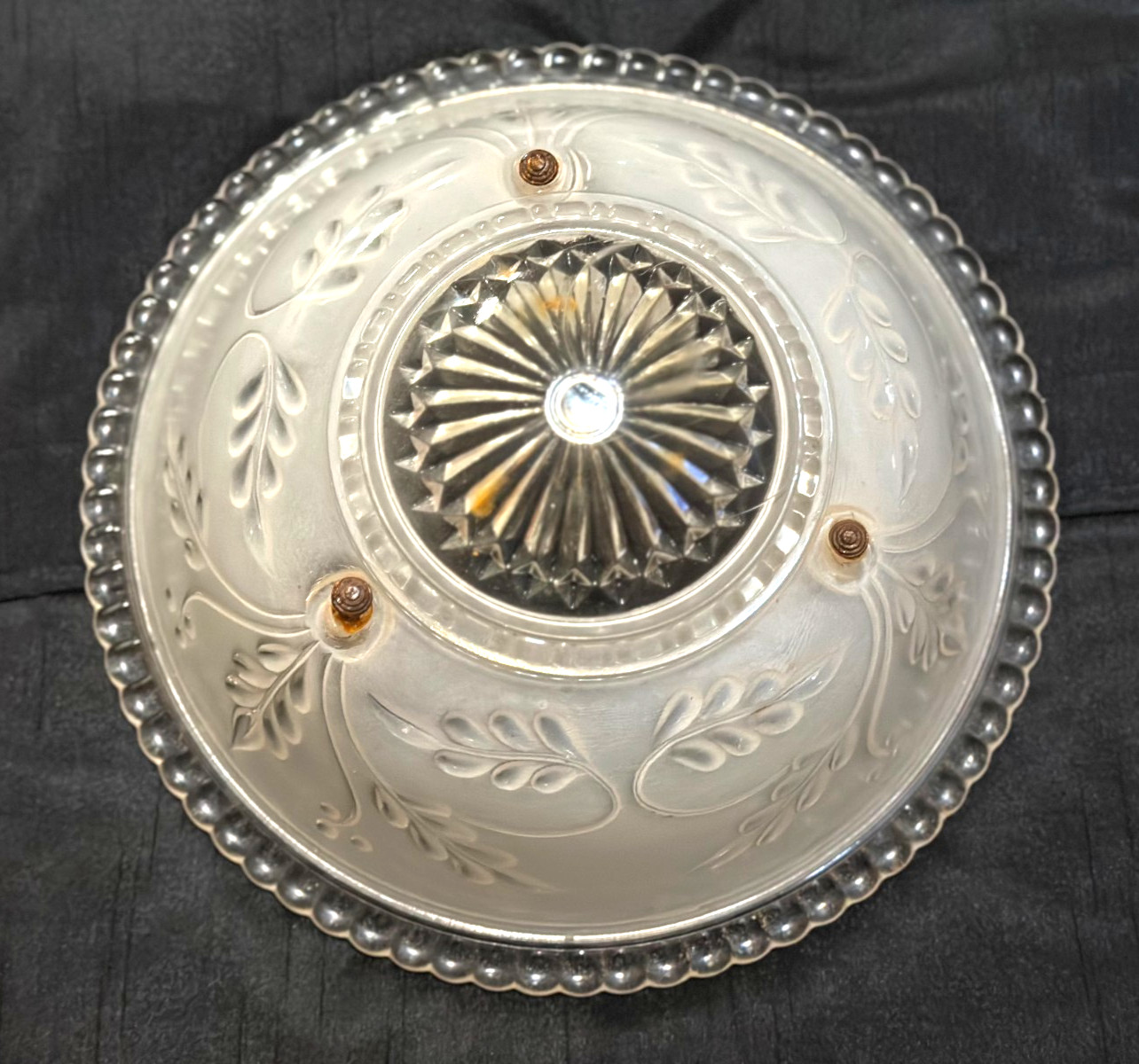 Vintage Deco Clear & White 3-Hole Mount Glass Ceiling Light Shade 10″ Diam – 5b