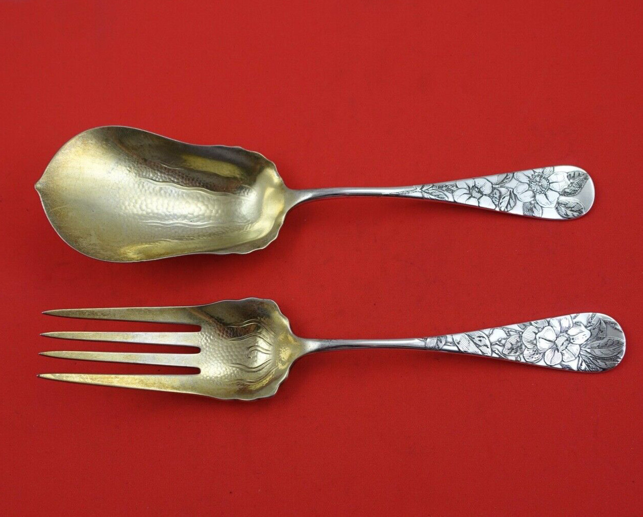 Antique Acid Etched by Whiting Sterling Silver Salad Serving Set 2p GW Floral 9″