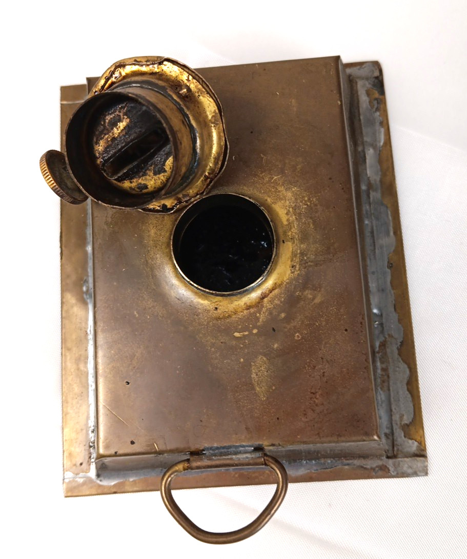 Vintage 15″ Brass Kerosene Lantern Stall Lamp Caged Glass Wedge?