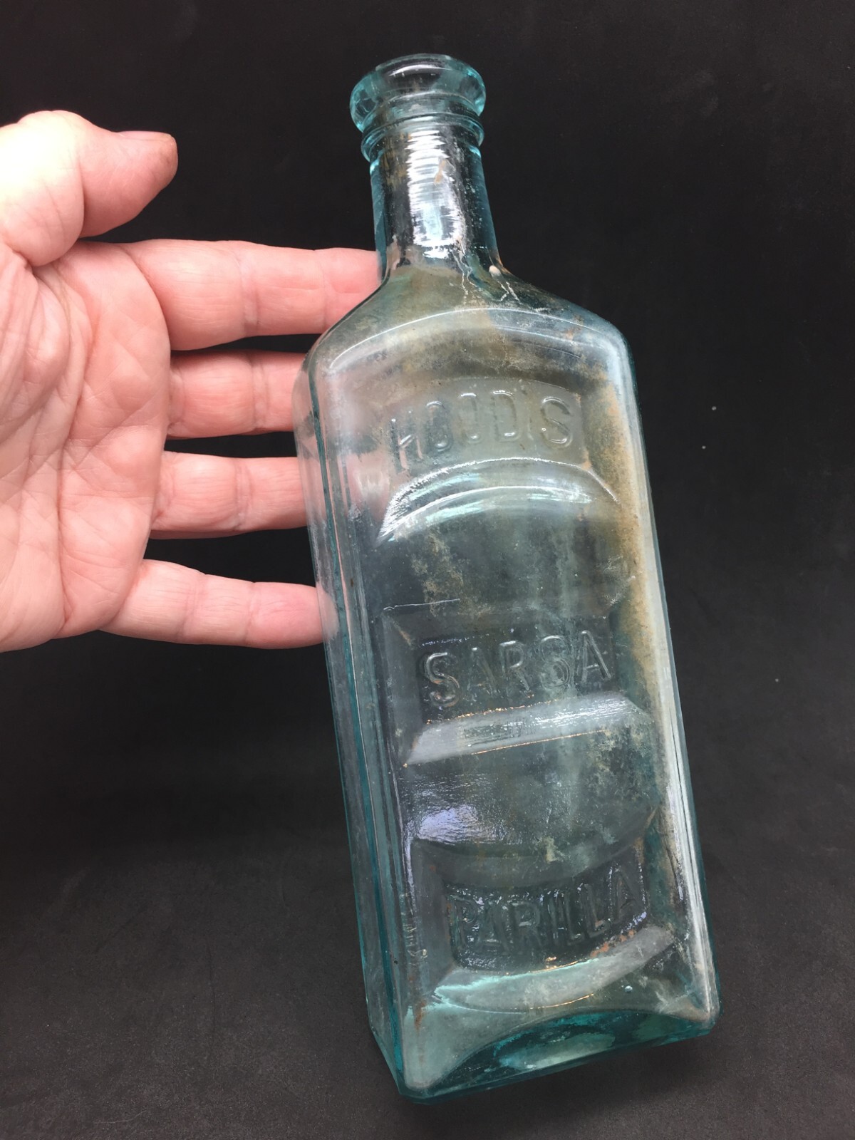CI Hood Sarsaparilla Bottle Aqua Blue Lowell Mass 9″ T Antique Apothecary Drink