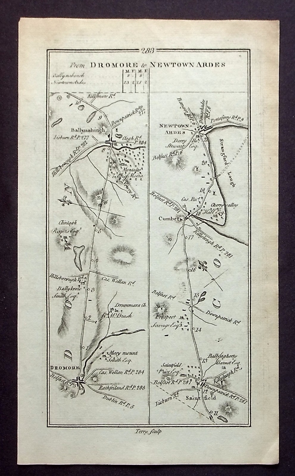 ULSTER ANTIQUE ROAD MAP, DROMORE, NEWTONARDS, BALLYNAHINCH Taylor & Skinner 1778