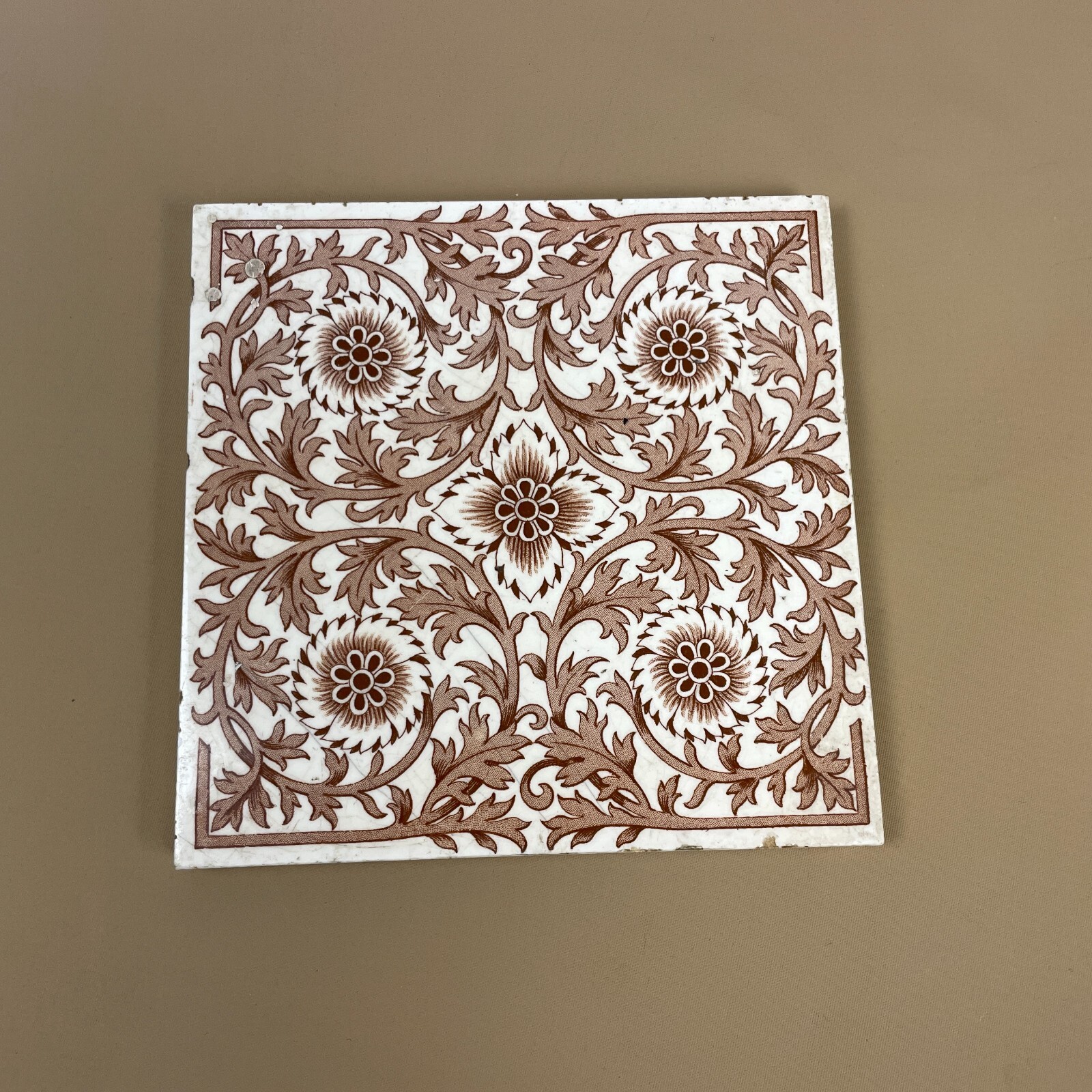 Antique Original Mintons Victorian Tile Ceramic Square Pattern Placemat Coaster