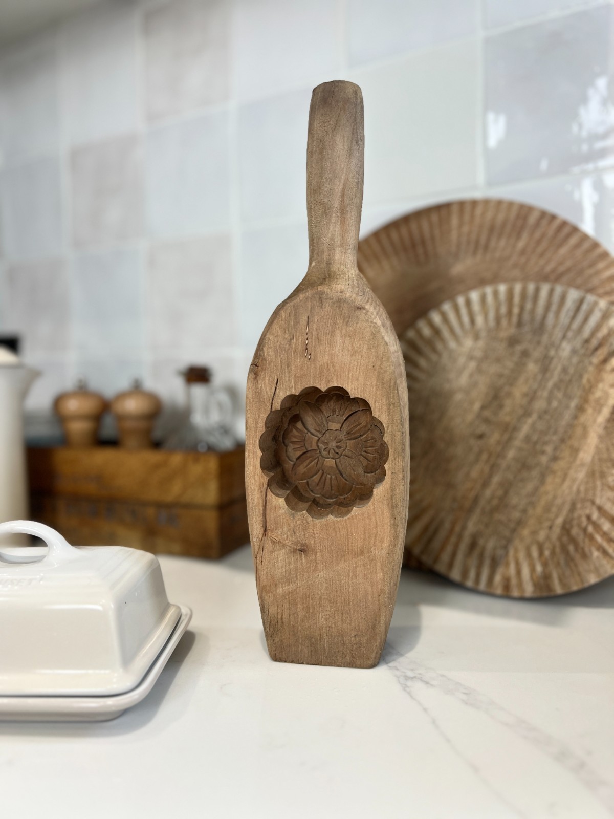Vintage Wooden Butter Mould Carved Floral Paddle Rustic Kitchen Decor 33cm