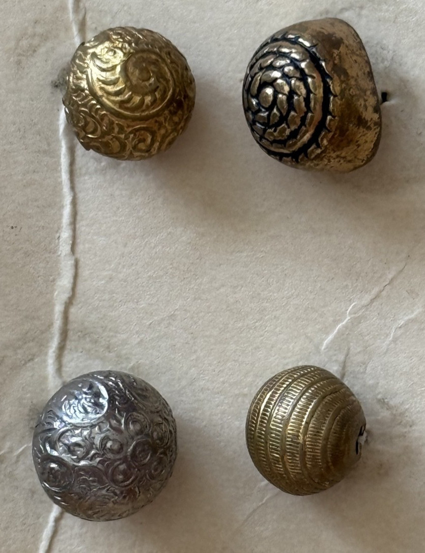 42 Antique/Vintage Domed Brass, Pewter, Golden Age, Mirror Back OLD BUTTON CARD