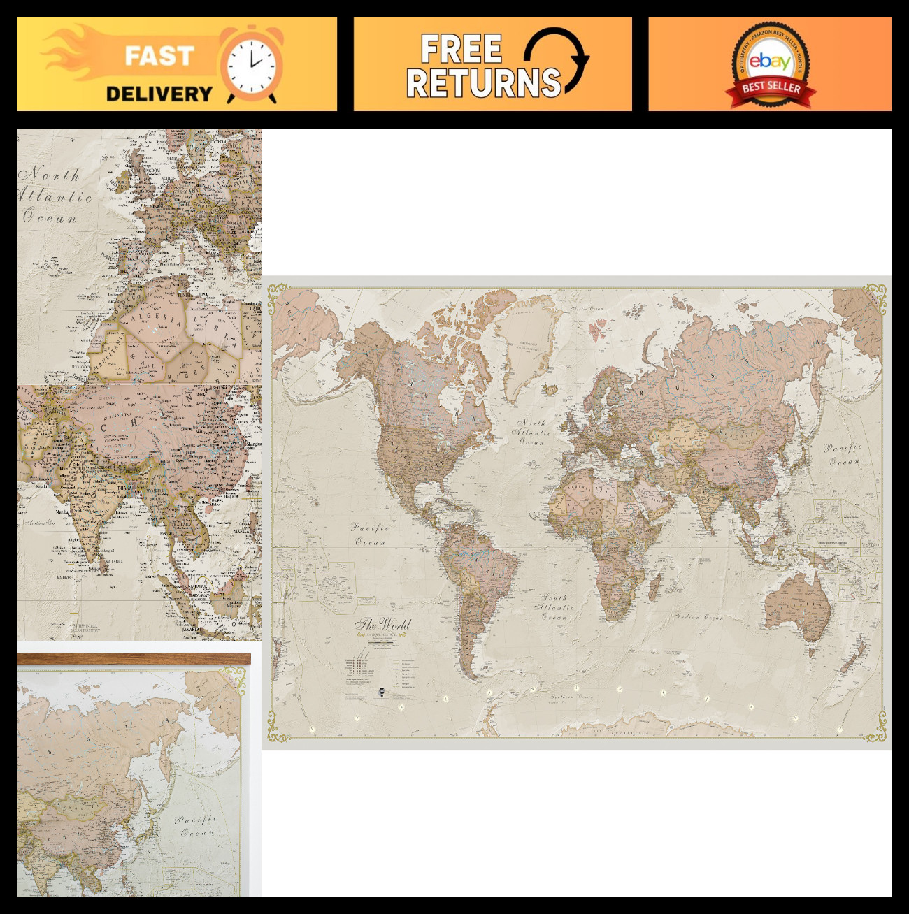 Giant Antique Style World Map – Laminated Mega Map 46″x80″ – 2025 Update