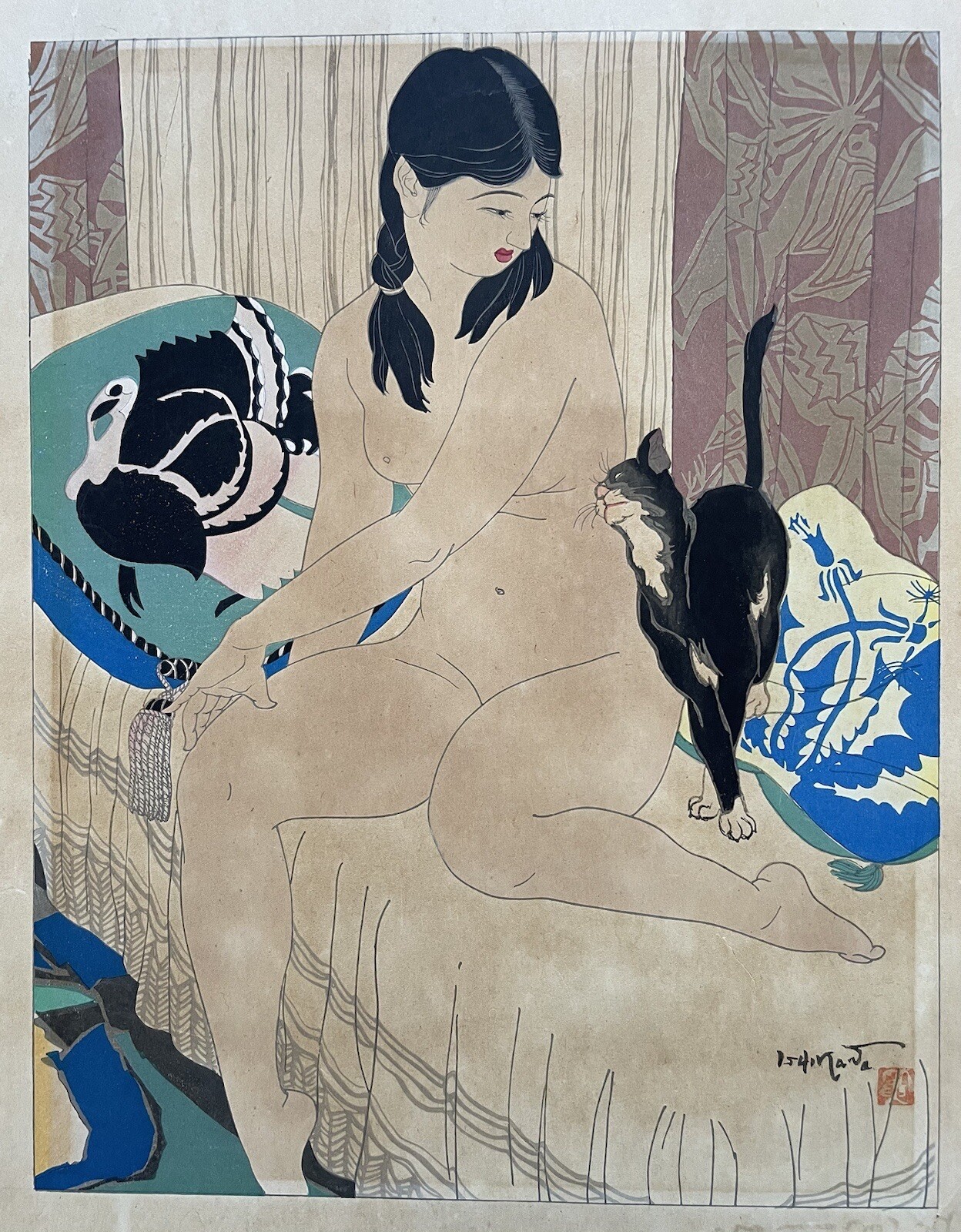 Toraji Ishikawa Japanese woodblock print: Black Cat 2x Oban 1934