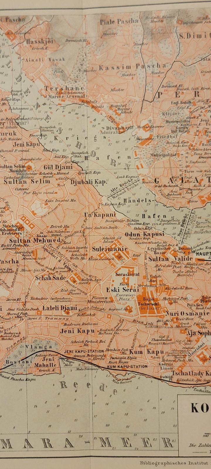 1898 colored antique map Constantinople (Istanbul, Turkey) Bosporus Meyers