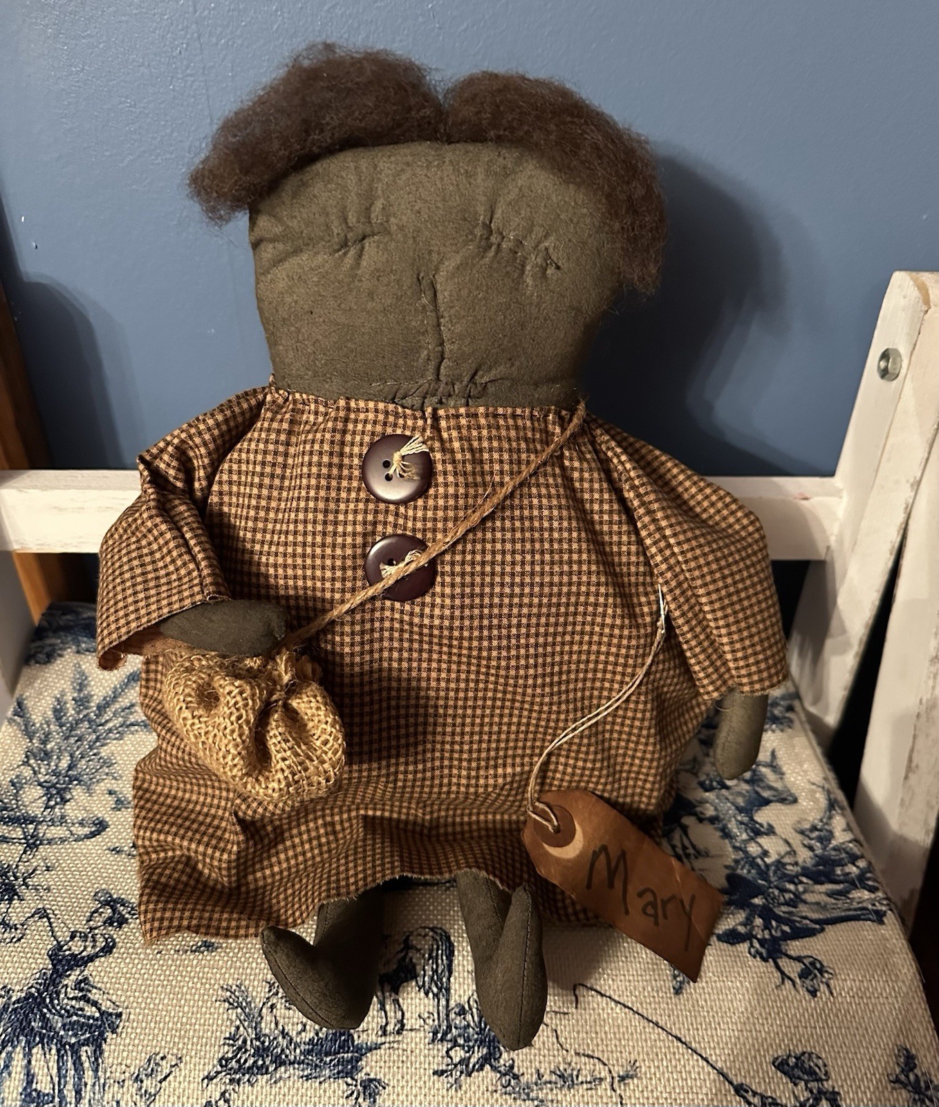 Primitive Folk Art Doll Handmade Mary 14” Farmhouse Checked Dress