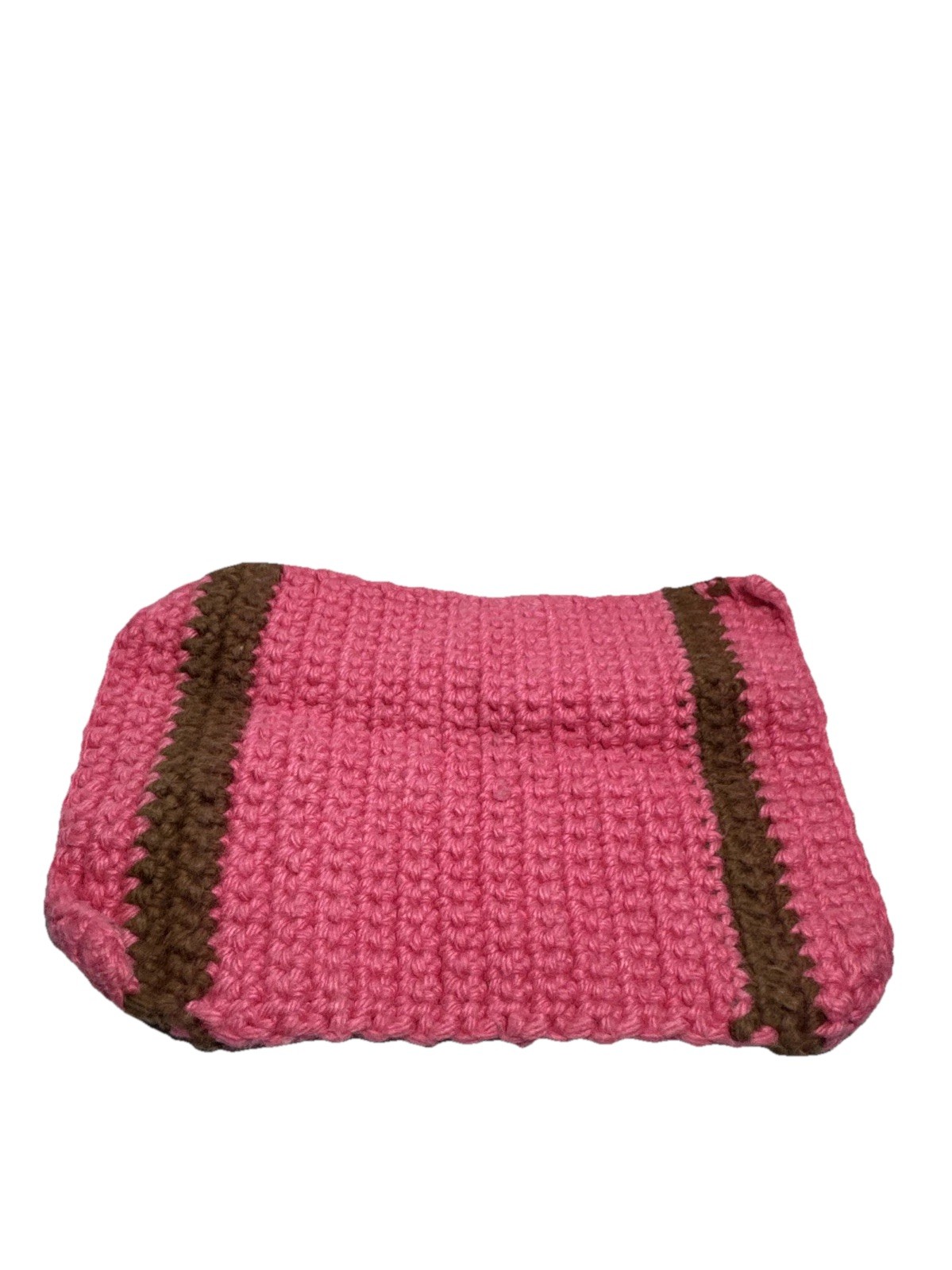 Vintage Handmade Doll House Rug Pink And Trimmed In Brown. 7 Inch X 5 Inch