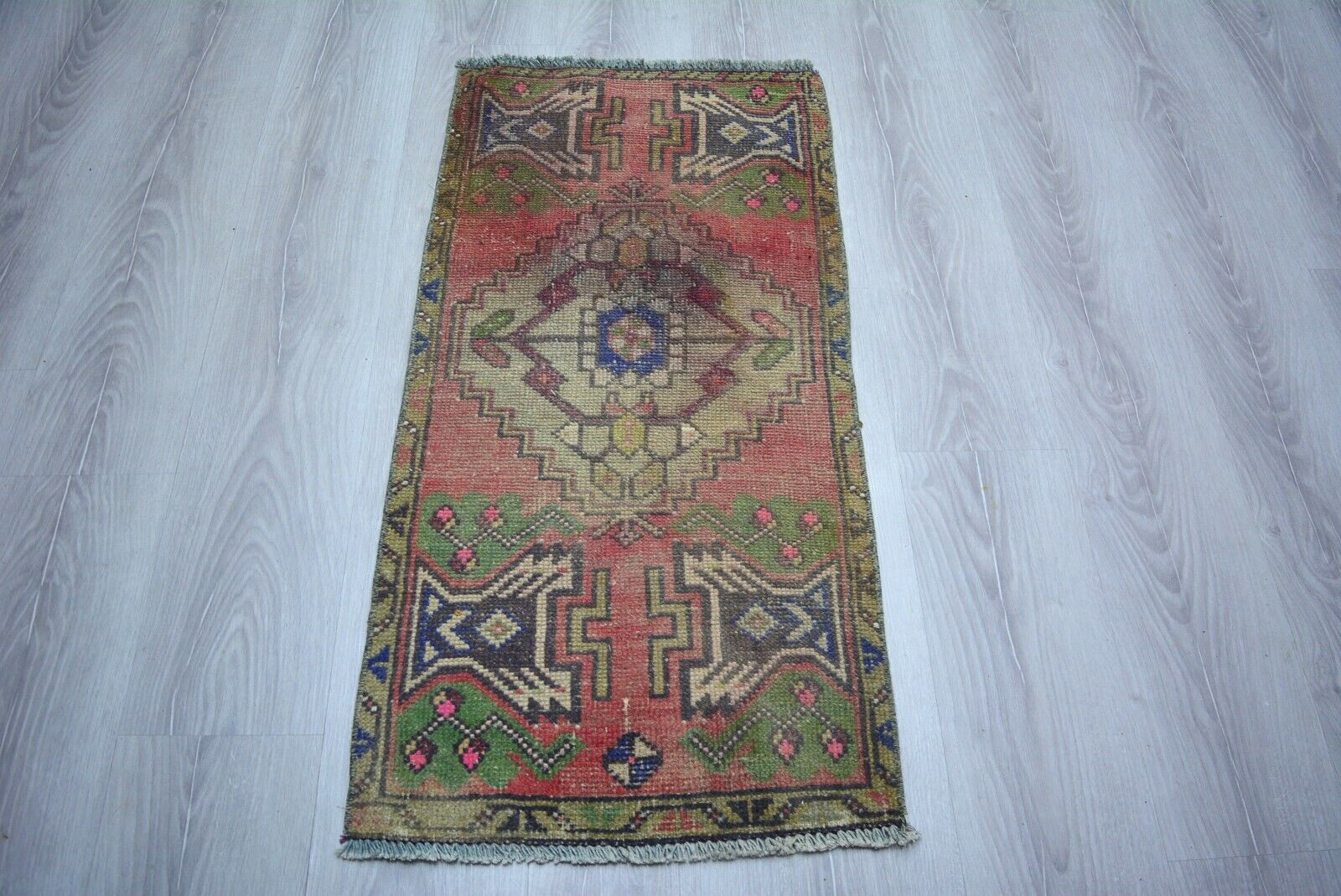 Handmade Door Mat, Faded Geometric Rug 1.6×3.3ft, Red Turkish Vintage Small Rug,