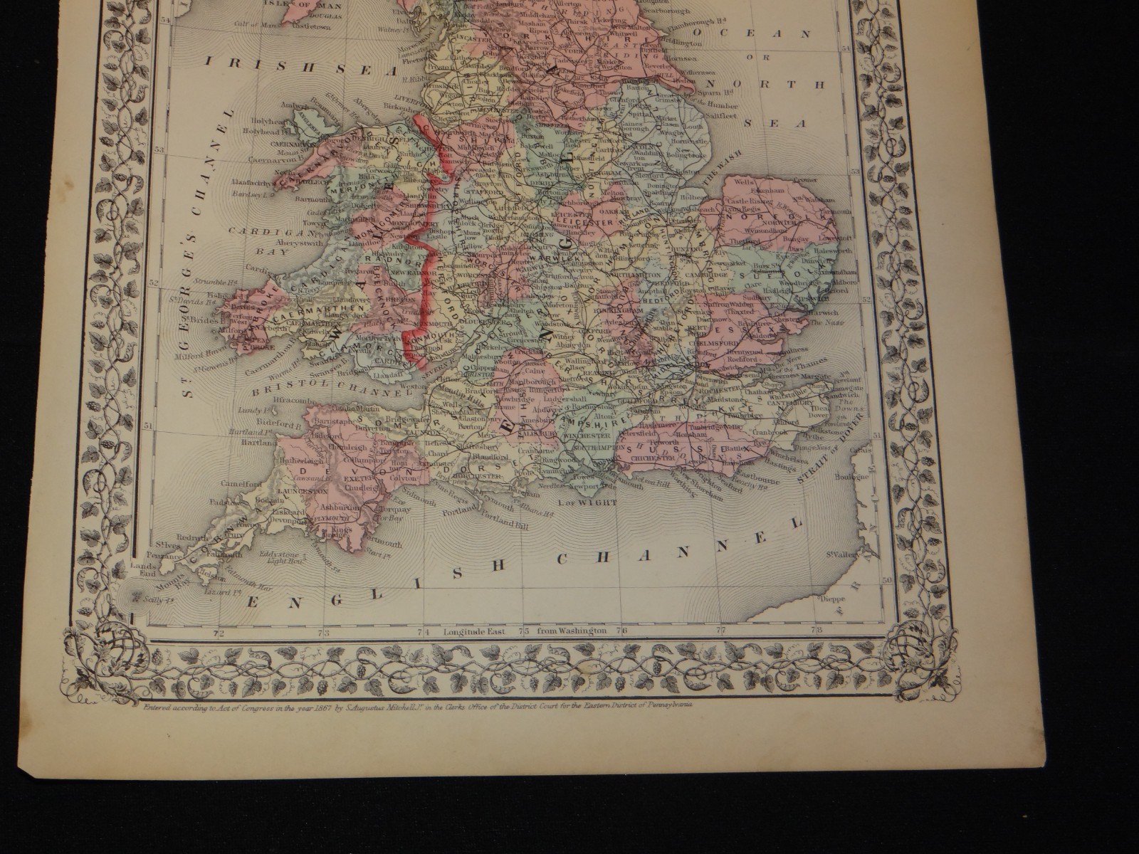 ONE (1) 1867/1871 MITCHELL ATLAS MAP “ENGLAND AND WALES” 15.25″x12″