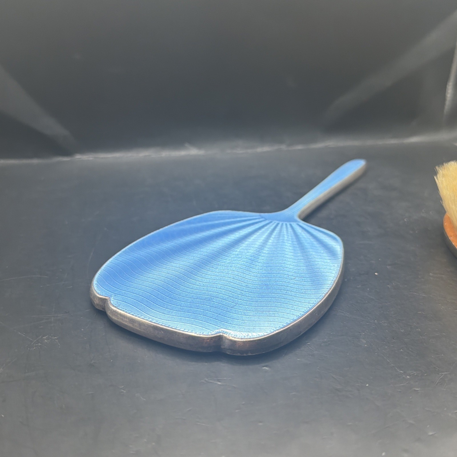 c.1900’s Sterling Silver Blue Guilloche Enamel Vanity Set Mirror Hair Brush 3pc