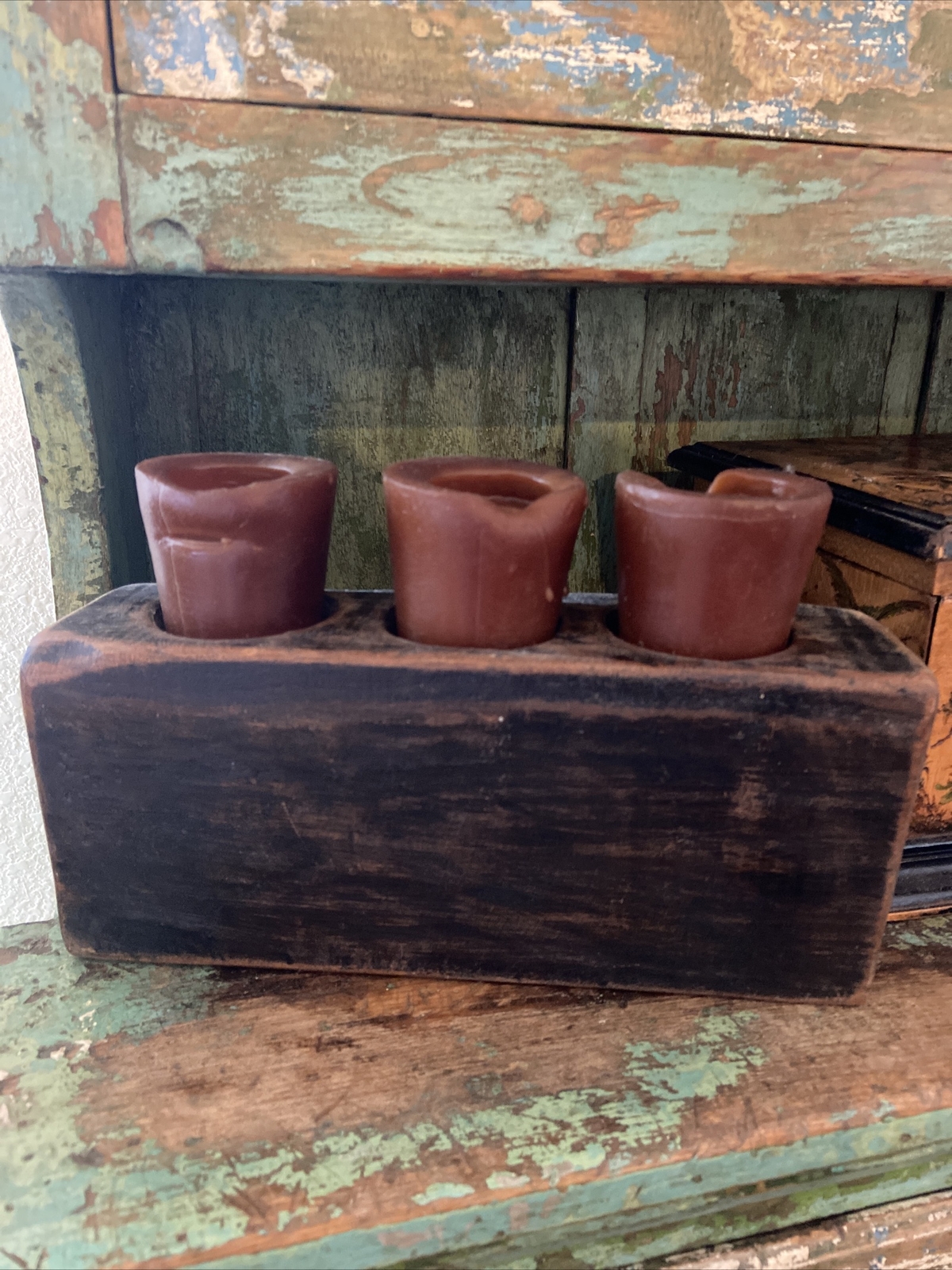 Wooden Sugar Mold Mexican Candle Holder 3 Hole Primitive Rustic 10.5” w/ Candles