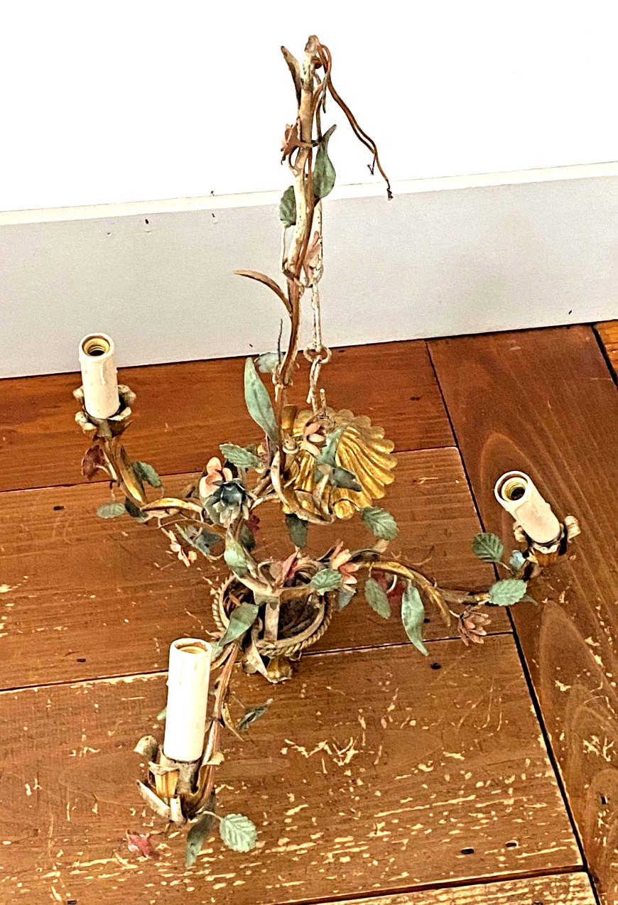 Vintage Tole Metal Floral Flowers 3 Arm Chandelier Italy Antique Light Fixture