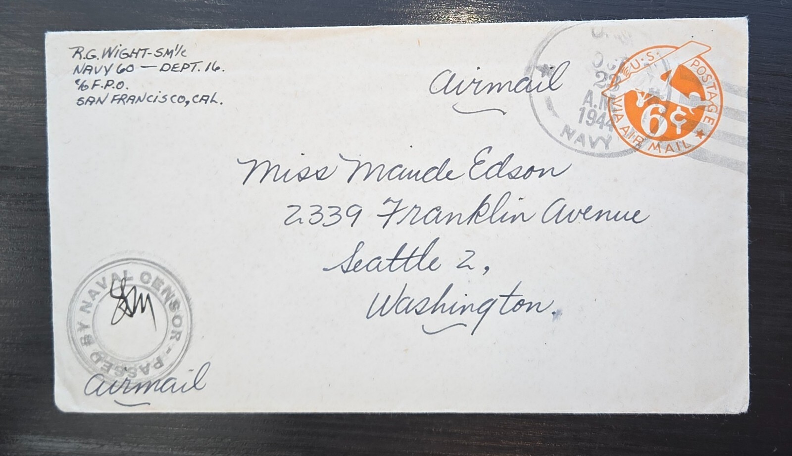 1944′ U.S Naval Cover Envelope Naval Censor Passed WWII Cover Navy Envelope