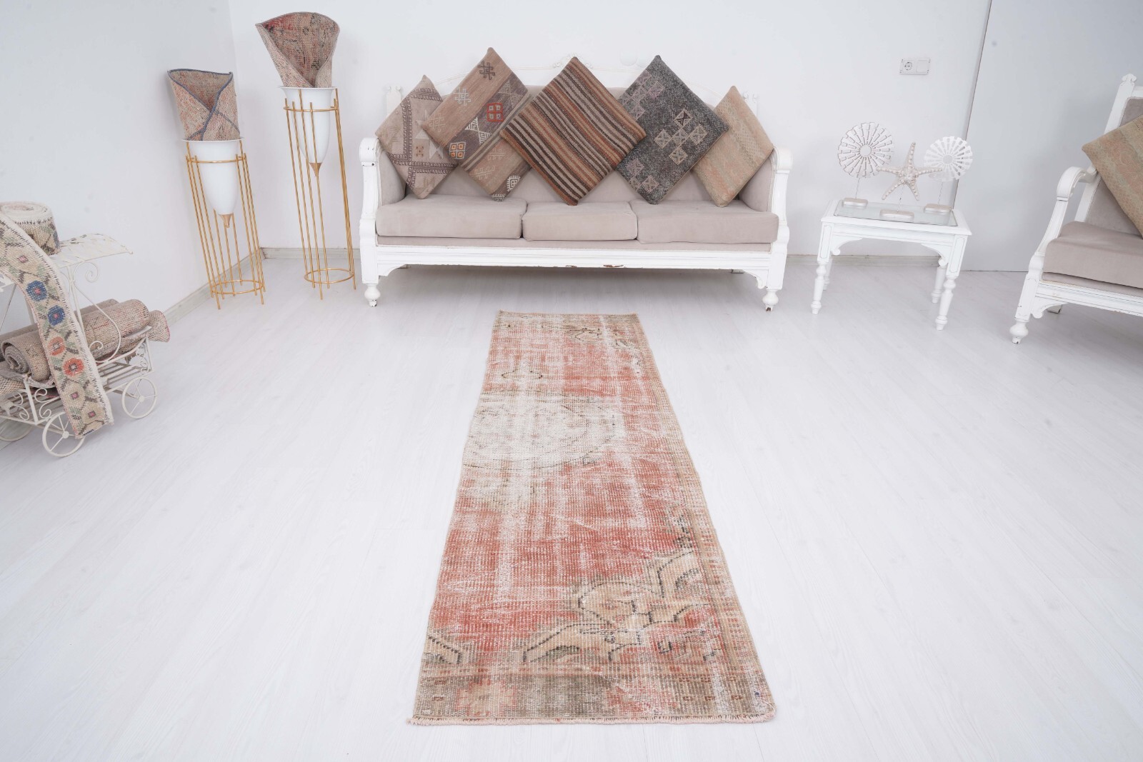 Pale Faded Turkish Vintage Runner, Natural Runner 2×7, Oushak Wool Carpet,949