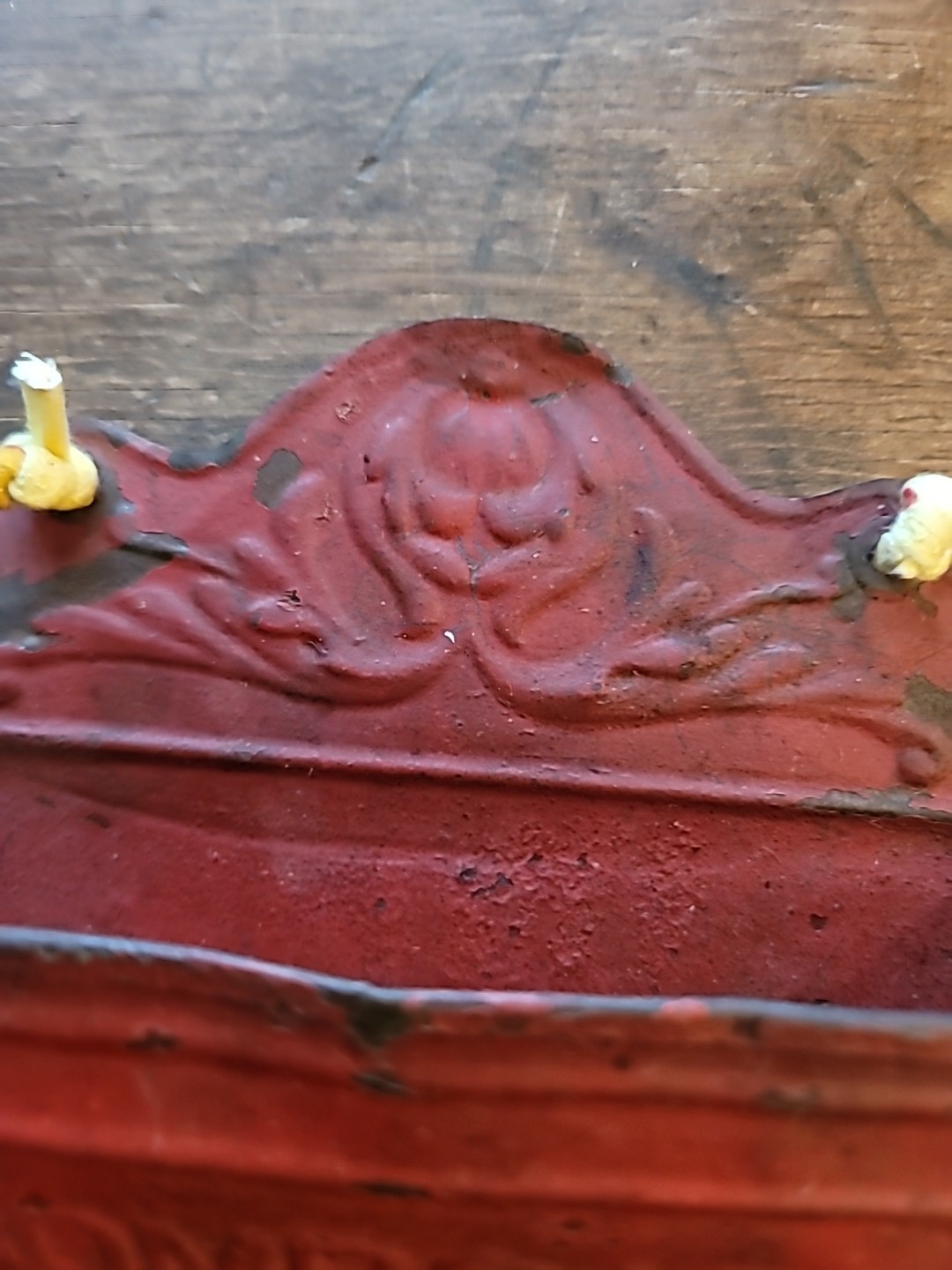Antique Tin Box Comb Case Wall Original Red Paint Fabulous Patina 7×6″
