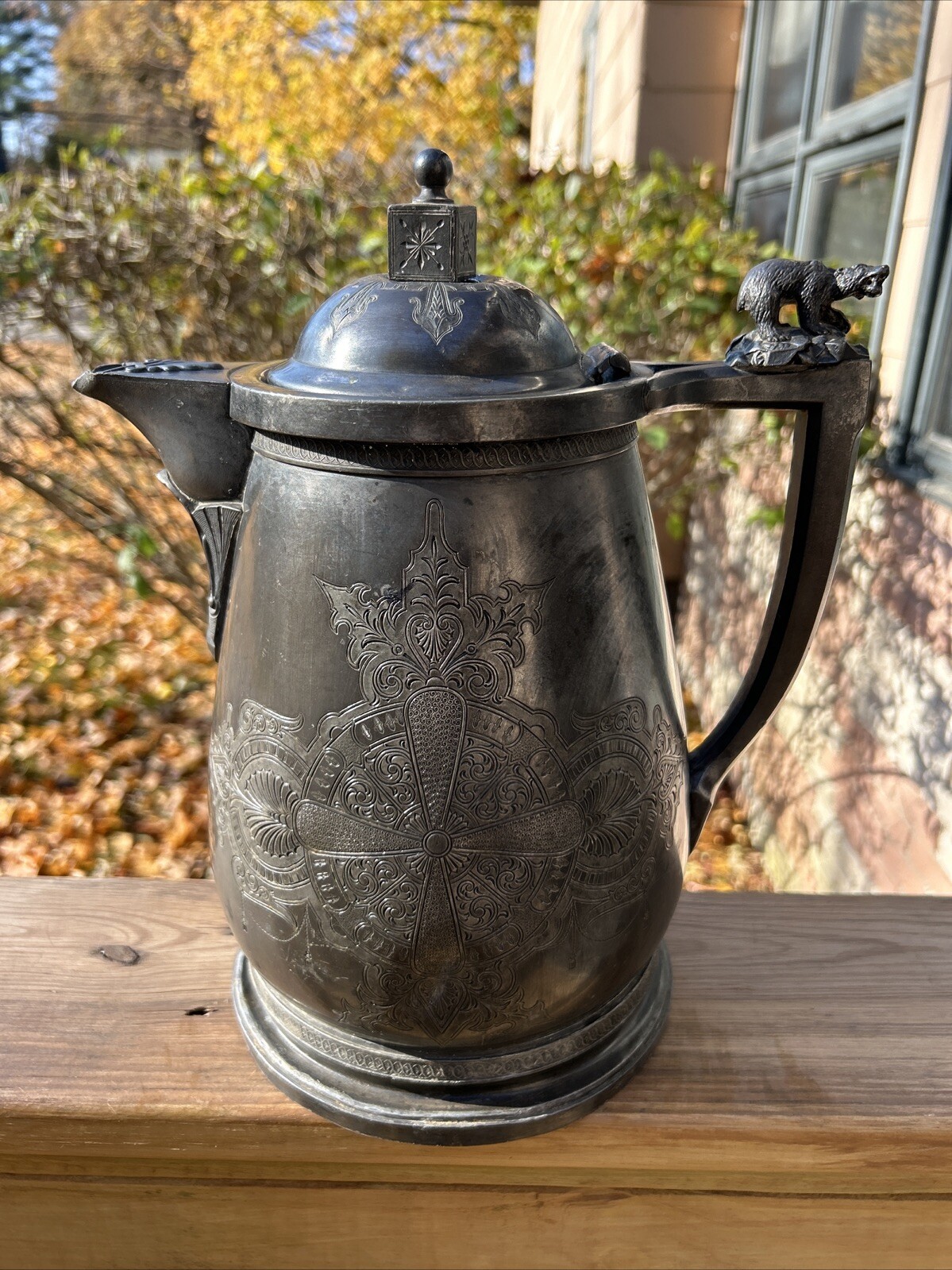 1858 Stimpson/Meridan B silver plated/ceramic water pitcher w/ Bear READ