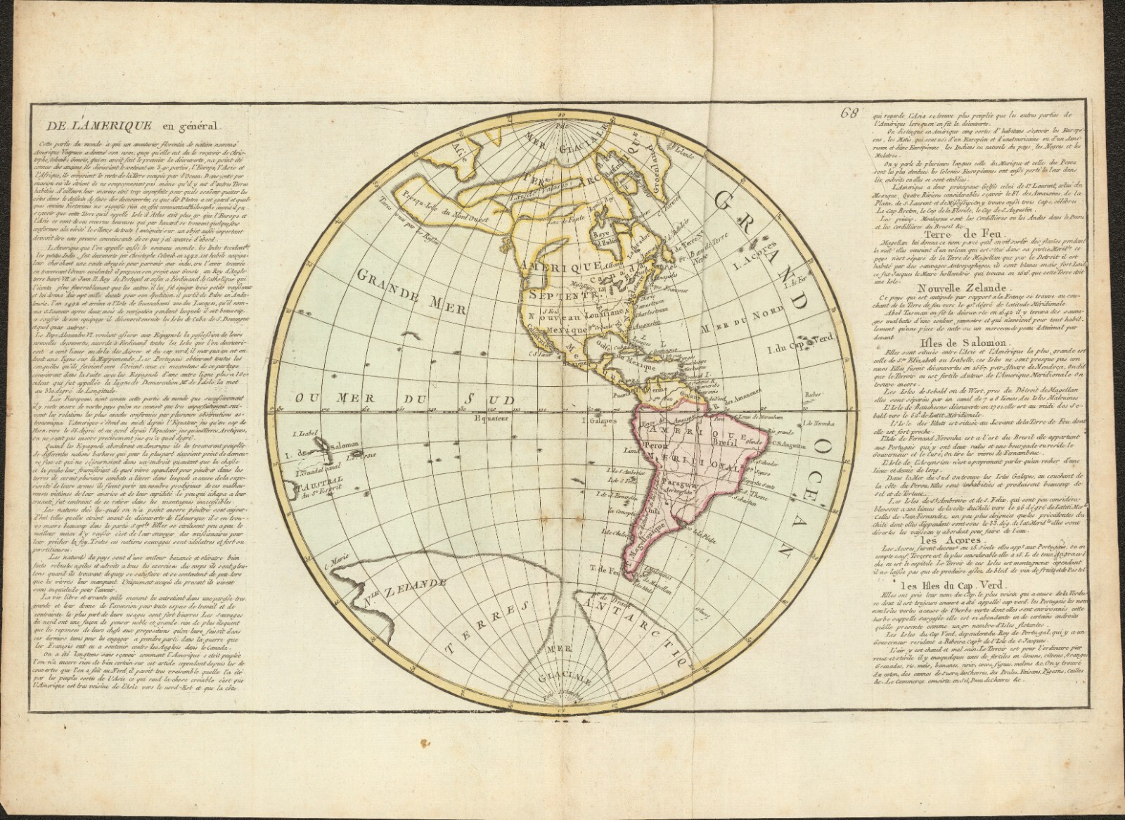 1767 North South America Hemisphere antique map by Clouet ~ 22.5″ x 16.6″ color