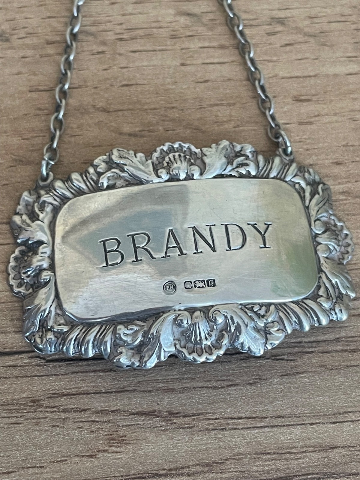 Brandy label solid silver decanter bottle label Sheffield 1976
