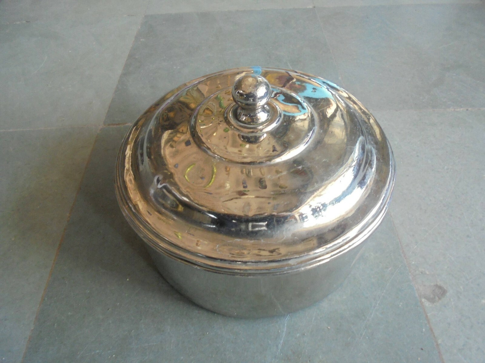 Old Brass Fine Quality Engraved Round Shape Nickel Plated Box, Nice Patina