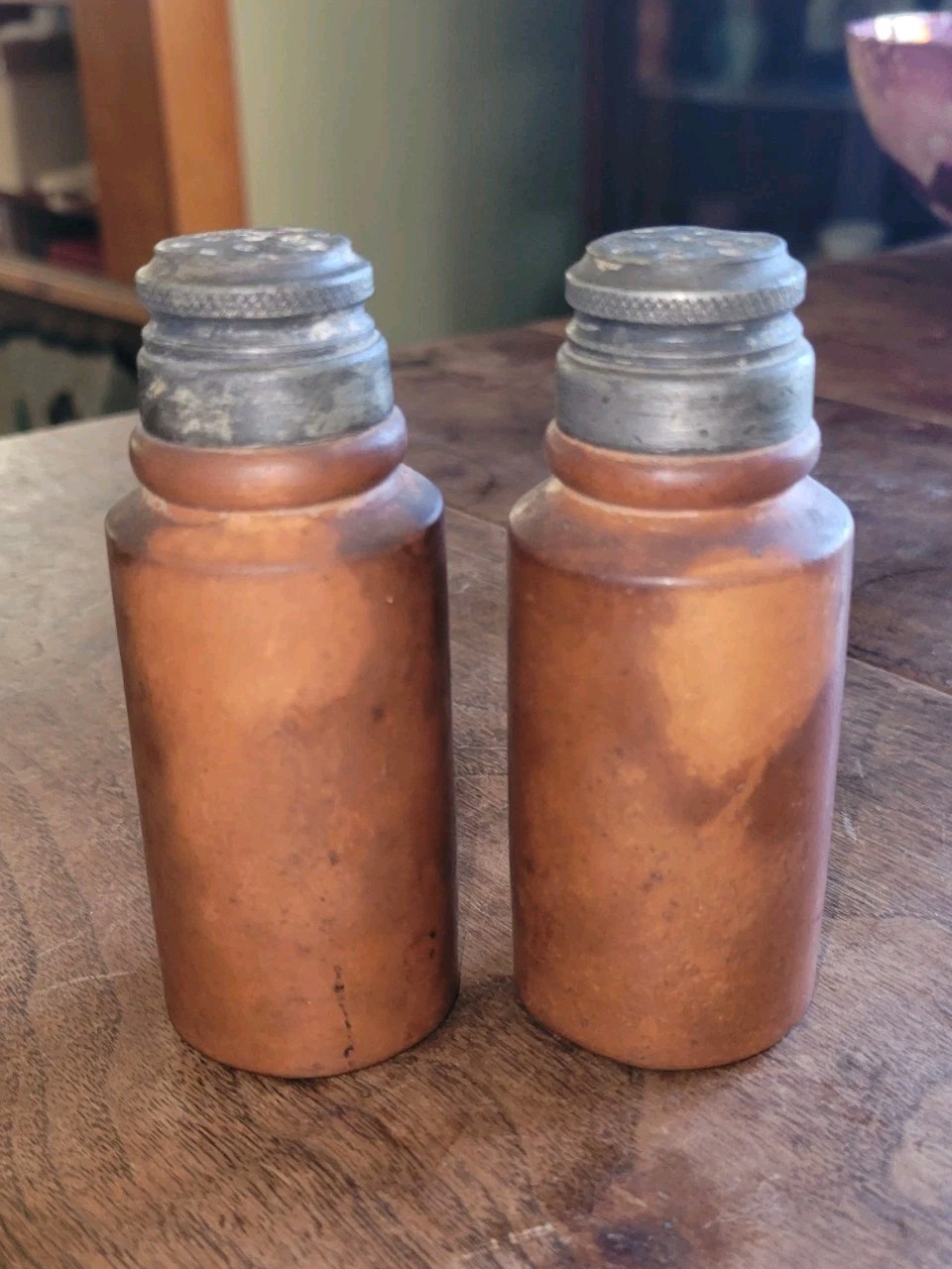 Rare Primitive 1870s-80s American REDWARE Salt & Pepper Shakers w/ Pewter Lids