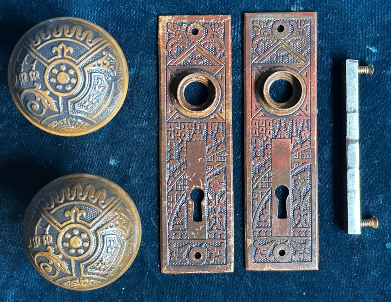Antique Corbin “Ceylon” Door Passage Set: Door Knobs & Plates w/ covers B-11400
